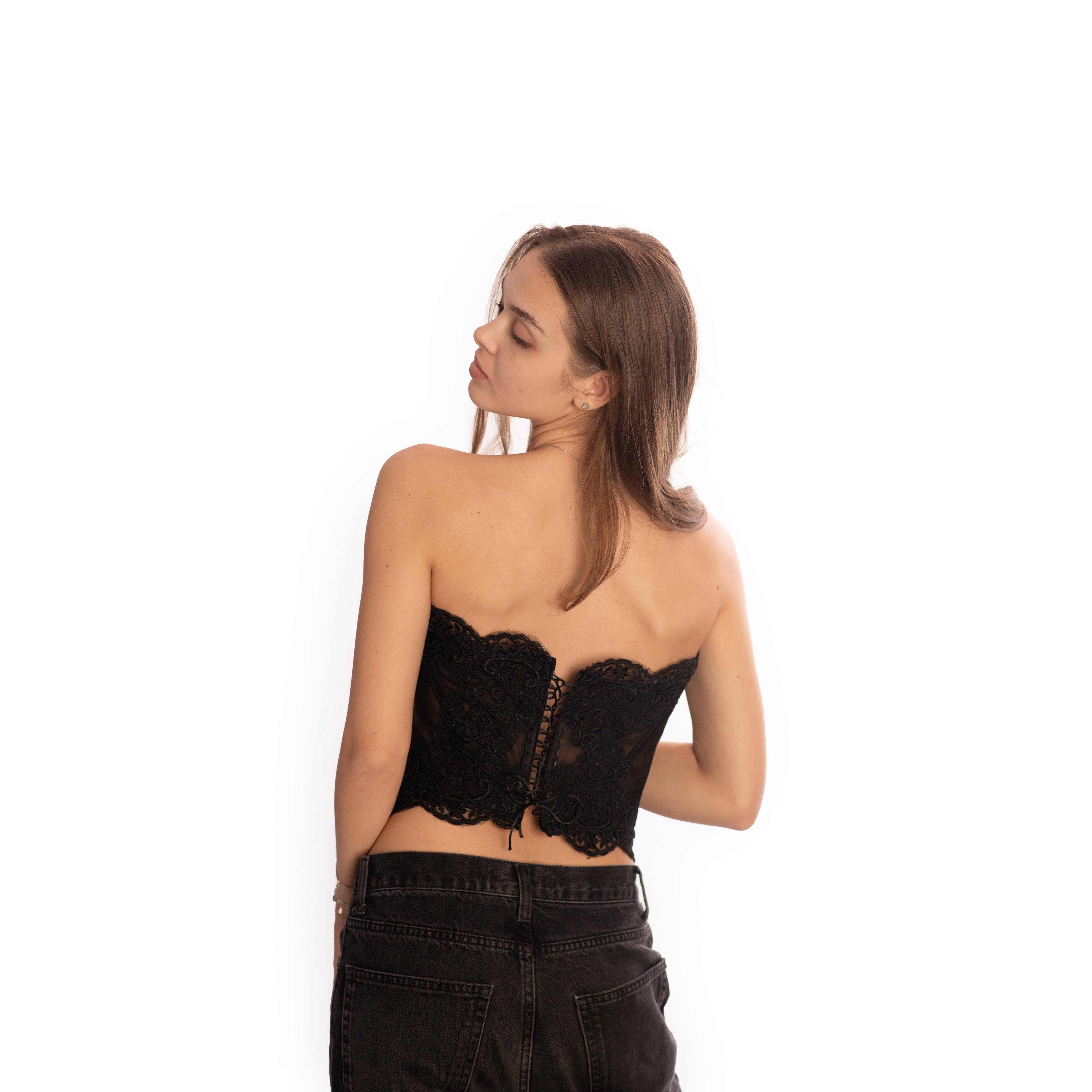 Set Tricou și Corset Dantelă Negru