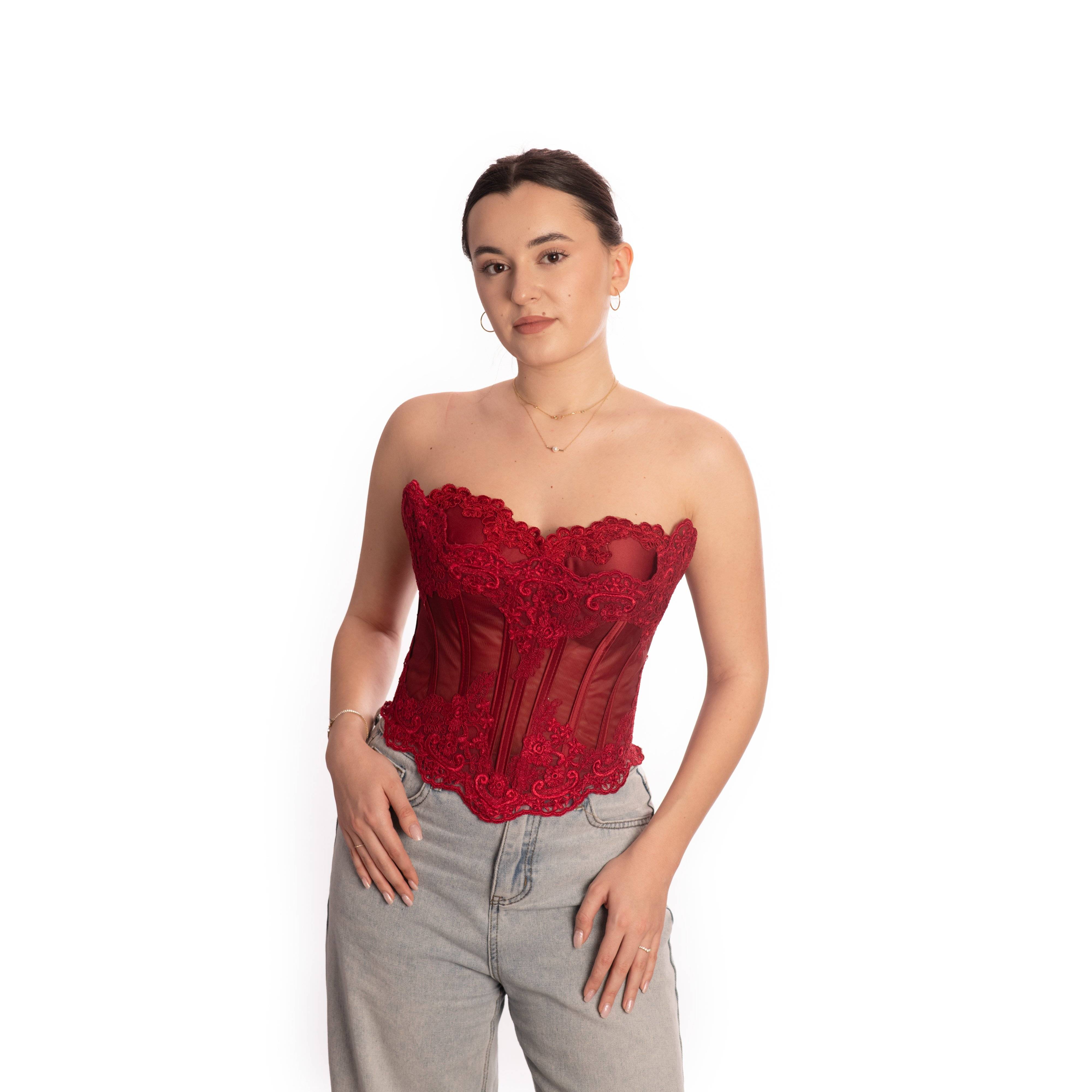 Set tricou și corset Dantelă Roșu