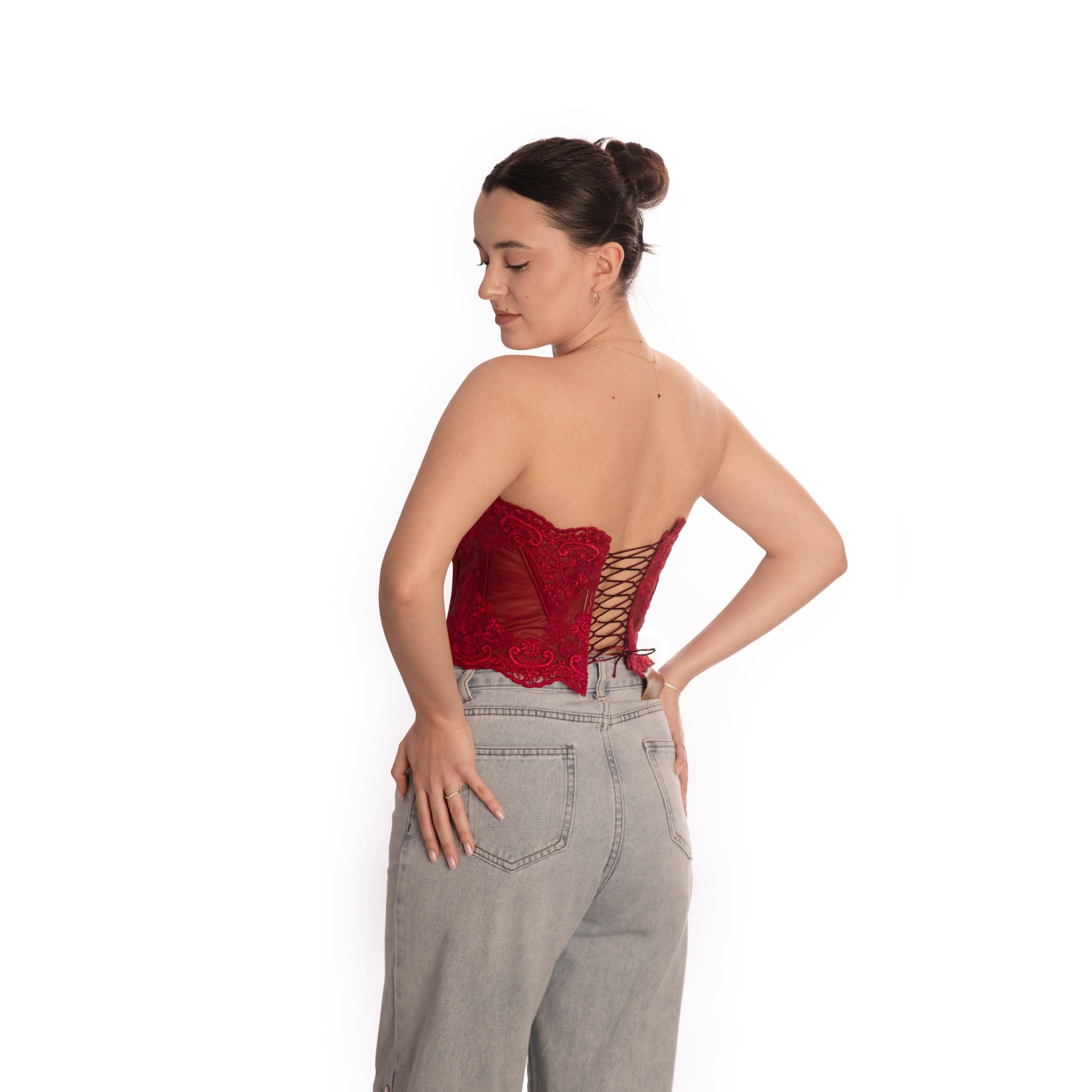 Set tricou și corset Dantelă Roșu